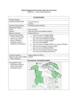 TAXONOMY Family Names Scientific Names GENERAL INFORMATION