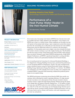 Performance of a Heat Pump Water Heater in the Hot-Humid Climate, Windermere, Florida