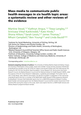 Mass Media to Communicate Public Health Messages in Six Health Topic Areas: a Systematic Review and Other Reviews of the Evidence