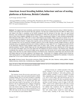 American Avocet Breeding Habitat, Behaviour and Use of Nesting Platforms at Kelowna, British Columbia