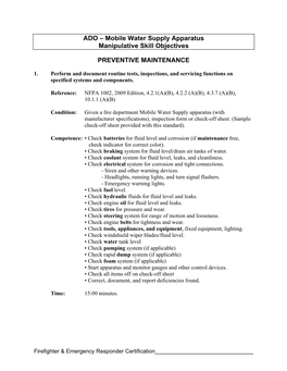 ADO – Mobile Water Supply Apparatus Manipulative Skill Objectives PREVENTIVE MAINTENANCE