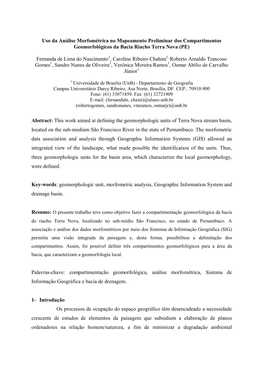 Compartimentação Geomorfológica Da Bacia Riacho Terra Nova, Sub-Bacia Do Rio São Francisco, a Partir Da Integração Análise Dos Dados Morfométricos