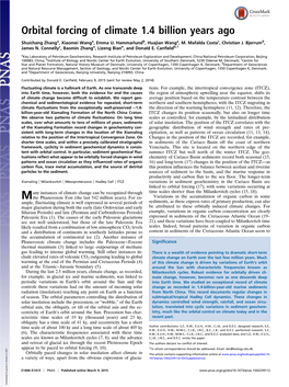 Orbital Forcing of Climate 1.4 Billion Years Ago