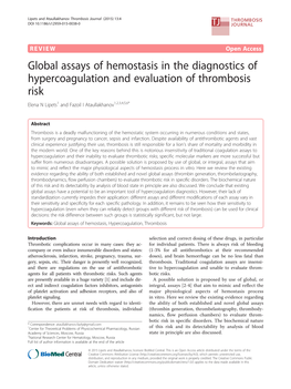 Global Assays of Hemostasis in the Diagnostics of Hypercoagulation and Evaluation of Thrombosis Risk Elena N Lipets1 and Fazoil I Ataullakhanov1,2,3,4,5,6*