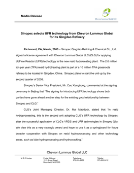 Media Release Chevron Lummus Global LLC Sinopec Selects UFR