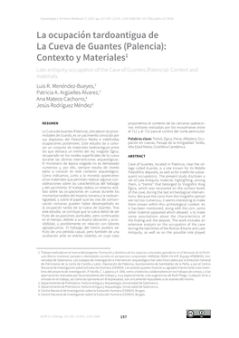 Palencia): Contexto Y Materiales1 Late Antiquity Occupation of the Cave of Guantes (Palencia): Context and Materials