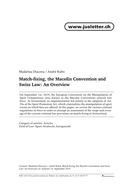 Match-Fixing, the Macolin Convention and Swiss