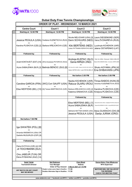 Dubai Duty Free Tennis Championships ORDER of PLAY - WEDNESDAY, 10 MARCH 2021
