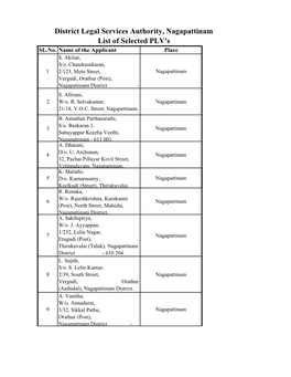District Legal Services Authority, Nagapattinam List of Selected PLV's SL.No