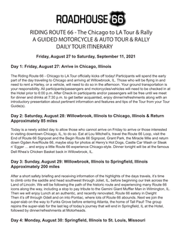 RIDING ROUTE 66 - the Chicago to LA Tour & Rally a GUIDED MOTORCYCLE & AUTO TOUR & RALLY DAILY TOUR ITINERARY