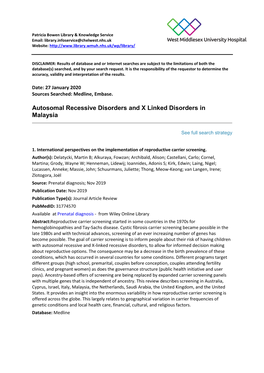 Autosomal Recessive Disorders and X Linked Disorders in Malaysia