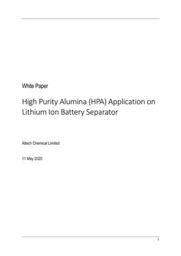 High Purity Alumina (HPA) Application on Lithium Ion Battery Separator