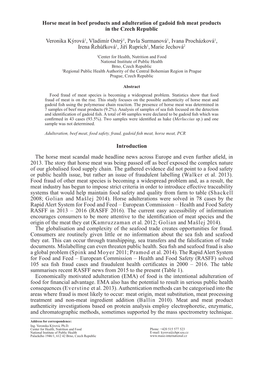 Horse Meat in Beef Products and Adulteration of Gadoid Fish Meat Products in the Czech Republic Veronika Kýrová1, Vladimír Os