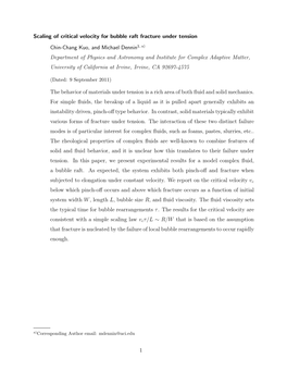 Scaling of Critical Velocity for Bubble Raft Fracture Under Tension Chin