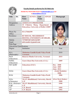 Faculty Details Proforma for DU Web-Site (PLEASE FILL THIS in and Email It Towebsitedu@Du.Ac.In and Cc:Director@Ducc.Du.Ac.In