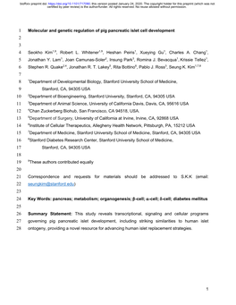 1 Molecular and Genetic Regulation of Pig Pancreatic Islet Cell Development 2 3 4 Seokho Kim1,9, Robert L