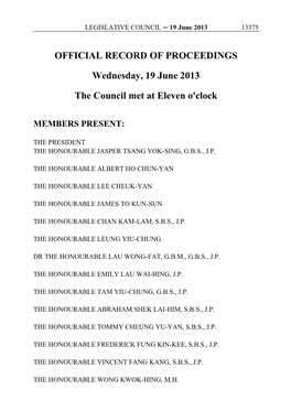 OFFICIAL RECORD of PROCEEDINGS Wednesday, 19