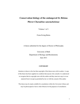 Conservation Biology of the Endangered St. Helena Plover Charadrius Sanctaehelenae