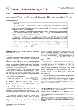 Mathematical Theory and Physical Mechanics for Planetary Ionospheric Physics Jonah Lissner* Independent Researcher, USA