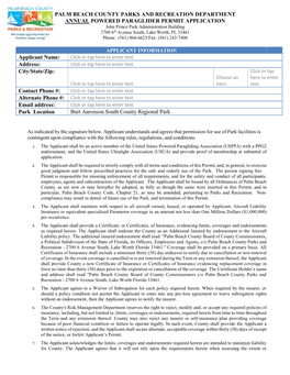 PALM BEACH COUNTY PARKS and RECREATION DEPARTMENT ANNUAL POWERED PARAGLIDER PERMIT APPLICATION Applicant Name: Address: City/Sta