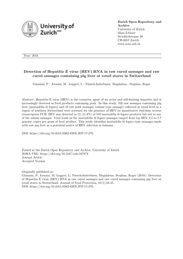 Detection of Hepatitis E Virus (HEV) RNA in Raw Cured Sausages and Raw Cured Sausages Containing Pig Liver at Retail Stores in Switzerland