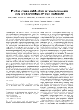 Profiling of Serum Metabolites in Advanced Colon Cancer Using Liquid Chromatography‑Mass Spectrometry