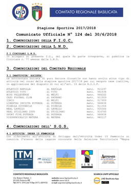 Comunicato Ufficiale N° 124 Del 30/6/2018 1