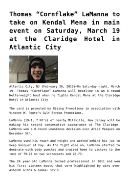 Lamanna to Take on Kendal Mena in Main Event on Saturday, March 19 at the Claridge Hotel in Atlantic City