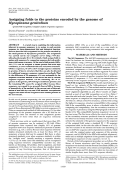 Assigning Folds to the Proteins Encoded by the Genome of Mycoplasma Genitalium (Protein Fold Recognition͞computer Analysis of Genome Sequences)