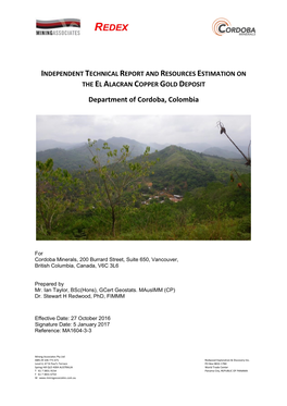 INDEPENDENT TECHNICAL REPORT and RESOURCES ESTIMATION on the EL ALACRAN COPPER GOLD DEPOSIT Department of Cordoba, Colombia