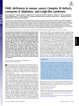 PARL Deficiency in Mouse Causes Complex III Defects, Coenzyme Q Depletion, and Leigh-Like Syndrome