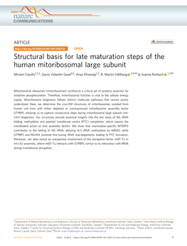 Structural Basis for Late Maturation Steps of the Human Mitoribosomal Large Subunit ✉ ✉ Miriam Cipullo1,2,5, Genís Valentín Gesé3,5, Anas Khawaja1,2, B