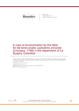 A Case of Envenomation by the False Fer-De-Lance Snake Leptodeira Annulata (Linnaeus, 1758) in the Department of La Guajira, Colombia