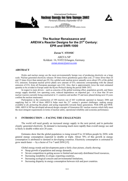 The Nuclear Renaissance and AREVA's Reactor Designs for the 21 Century: EPR and SWR-1000