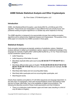 ASBE Defeats Statistical Analysis and Other Cryptanalysis