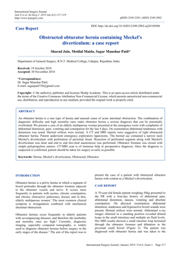 Obstructed Obturator Hernia Containing Meckel's Diverticulum: a Case Report