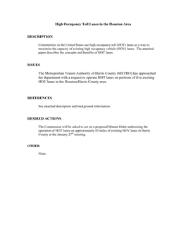 High Occupancy Toll Lanes in the Houston Area DESCRIPTION