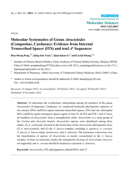 Molecular Systematics of Genus Atractylodes (Compositae, Cardueae): Evidence from Internal Transcribed Spacer (ITS) and Trnl-F Sequences