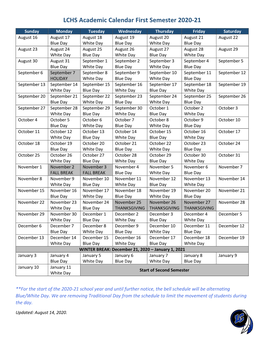 LCHS Academic Calendar First Semester 2020-21