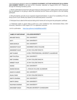 List of Participants Selected to Attend the SCIENCE ACADEMIES