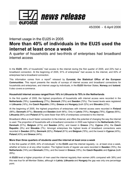 Than 40% of Individuals in the EU25 Used the Internet at Least Once a Week a Quarter of Households and Two-Thirds of Enterprises Had Broadband Internet Access