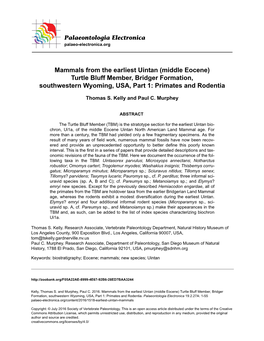 Mammals from the Earliest Uintan (Middle Eocene) Turtle Bluff Member, Bridger Formation, Southwestern Wyoming, USA, Part 1: Primates and Rodentia