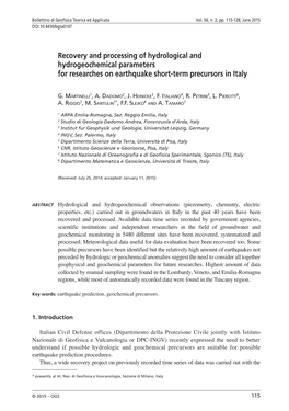 Recovery and Processing of Hydrological and Hydrogeochemical Parameters for Researches on Earthquake Short-Term Precursors in Italy