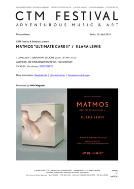 Matmos “Ultimate Care Ii” / Klara Lewis