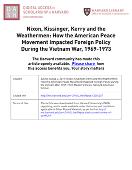 Nixon, Kissinger, Kerry and the Weathermen: How the American Peace Movement Impacted Foreign Policy During the Vietnam War, 1969-1973