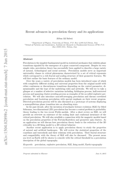 Arxiv:1504.02898V2 [Cond-Mat.Stat-Mech] 7 Jun 2015 Keywords: Percolation, Explosive Percolation, SLE, Ising Model, Earth Topography