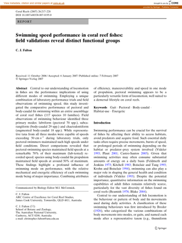 Swimming Speed Performance in Coral Reef Fishes