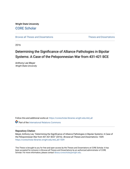 Determining the Significance of Alliance Athologiesp in Bipolar Systems: a Case of the Peloponnesian War from 431-421 BCE