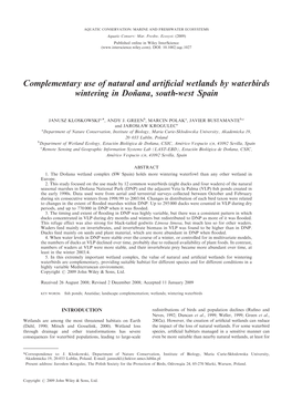 Complementary Use of Natural and Artificial Wetlands by Waterbirds Wintering in Don˜Ana