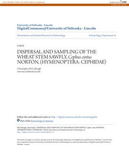 DISPERSAL and SAMPLING of the WHEAT STEM SAWFLY, <I>